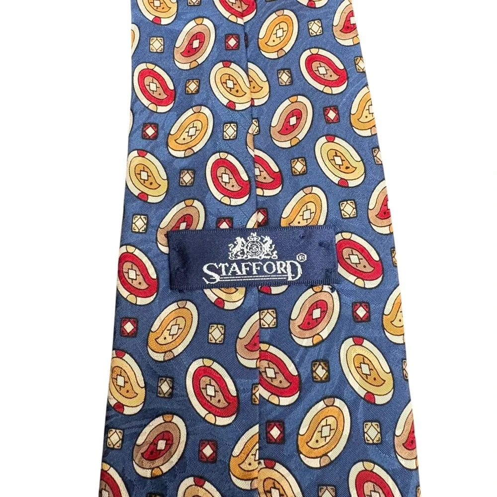 Stafford 100% Silk Tie‎ Made in Italy Blue Red Yellow Geometric Pattern